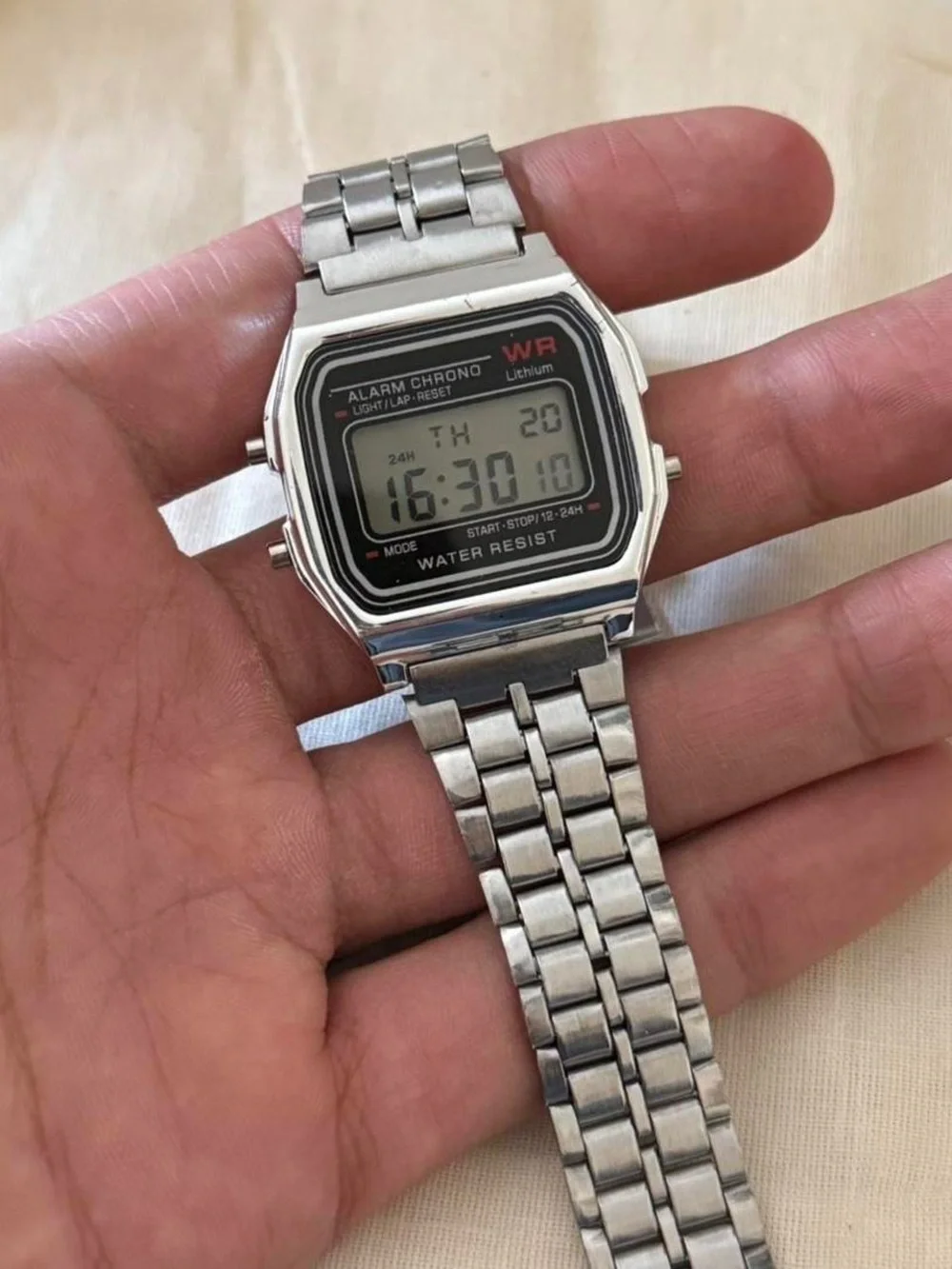 Classic Silver Digital Alarm Watch - Stainless Bracelet